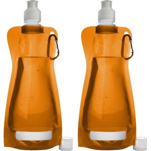 Waterfles/drinkfles/sportbidon opvouwbaar - 2x - oranje - kunststof - 420 ml - schroefdop - karabijnhaak