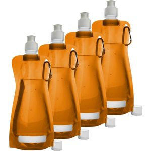 Waterfles/drinkfles opvouwbaar - 4x - oranje - kunststof - 420 ml - schroefdop - karabijnhaak - Drinkflessen