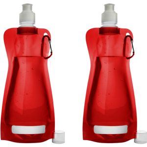 Waterfles/drinkfles opvouwbaar - 2x - rood - kunststof - 420 ml - schroefdop - karabijnhaak