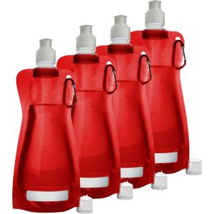 Waterfles/drinkfles/sportbidon opvouwbaar - 4x - rood - kunststof - 420 ml - schroefdop - karabijnhaak