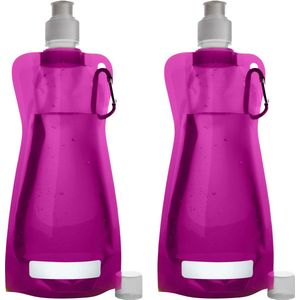 Waterfles/drinkfles/sportbidon opvouwbaar - 2x - fuchsia roze - kunststof - 420 ml - schroefdop - karabijnhaak