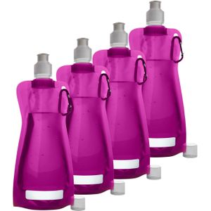 Waterfles/drinkfles opvouwbaar - 4x - fuchsia roze - kunststof - 420 ml - schroefdop - karabijnhaak