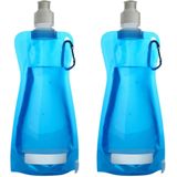 Waterfles/drinkfles/sportbidon opvouwbaar - 2x - lichtblauw - kunststof - 420 ml - schroefdop - karabijnhaak