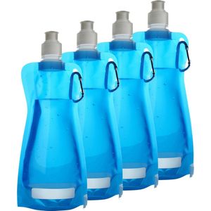 Waterfles/drinkfles/sportbidon opvouwbaar - 4x - lichtblauw - kunststof - 420 ml - schroefdop - karabijnhaak