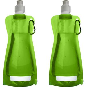 Waterfles/drinkfles/sportbidon opvouwbaar - 2x - lichtgroen - kunststof - 420 ml - schroefdop - karabijnhaak