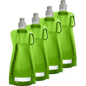 Waterfles/drinkfles/sportbidon opvouwbaar - 4x - lichtgroen - kunststof - 420 ml - schroefdop - karabijnhaak