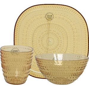 Stone Lain Porselein 16-delige serviesset, servies voor 4, groene en gouden rand