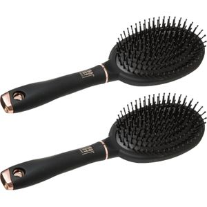 Haarborstel ovaal - 2x - zwart/rose - 25 cm - rubber/kunststof