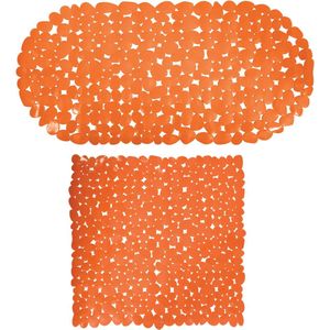 MSV Douche/Bad Anti-slip Matten set Badkamer - Pvc - 2x Stuks - Oranje - 2 Formaten