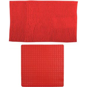 MSV Douche anti-slip mat en droogloop mat - Sevilla badkamer set - rubber/microvezel - rood - Badmatjes