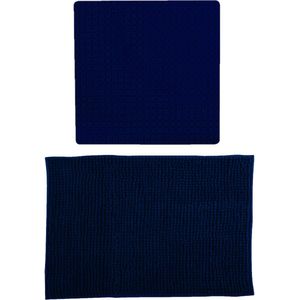 MSV Douche anti-slip mat en droogloop mat - Sevilla badkamer set - rubber/microvezel - donkerblauw - Badmatjes