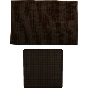 MSV Douche Anti-slip Mat en Droogloop Mat - Sevilla Badkamer set - Rubber/Microvezel - Bruin