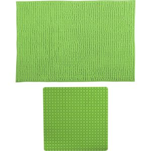 MSV Douche anti-slip mat en droogloop mat - Sevilla badkamer set - rubber/microvezel - limegroen