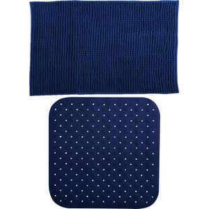 MSV Douche anti-slip mat en droogloop mat - Sevilla badkamer set - rubber/microvezel - donkerblauw