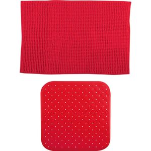 MSV Douche anti-slip mat en droogloop mat - Sevilla badkamer set - rubber/microvezel - rood - Badmatjes