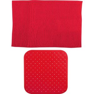 MSV Douche anti-slip mat en droogloop mat - Sevilla badkamer set - rubber/microvezel - rood - Badmatjes