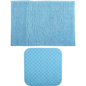 MSV Douche anti-slip mat en droogloop mat - Sevilla badkamer set - rubber/microvezel - lichtblauw