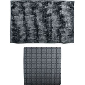 MSV Douche anti-slip mat en droogloop mat - Sevilla badkamer set - rubber/microvezel - donkergrijs