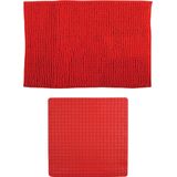 MSV Douche anti-slip mat en droogloop mat - Sevilla badkamer set - rubber/microvezel - rood