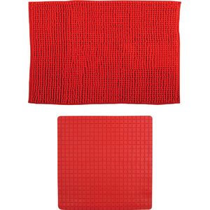 MSV Douche anti-slip mat en droogloop mat - Sevilla badkamer set - rubber/microvezel - rood