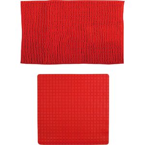 MSV Douche anti-slip mat en droogloop mat - Sevilla badkamer set - rubber/microvezel - rood