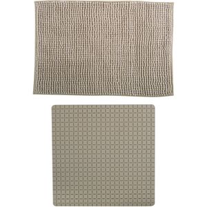 MSV Douche anti-slip mat en droogloop mat - Sevilla badkamer set - rubber/microvezel - beige