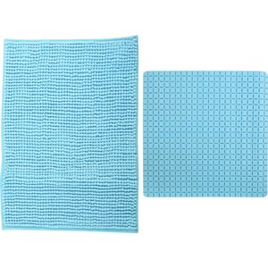 MSV Douche anti-slip mat en droogloop mat - Sevilla badkamer set - rubber/microvezel - lichtblauw