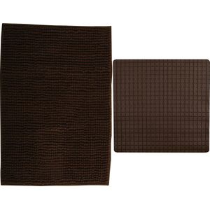 MSV Douche anti-slip mat en droogloop mat - Sevilla badkamer set - rubber/microvezel - bruin - Badmatjes