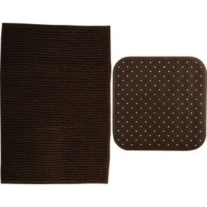 MSV Douche anti-slip mat en droogloop mat - Sevilla badkamer set - rubber/microvezel - bruin