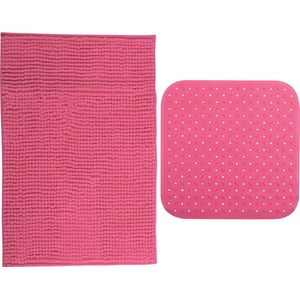 MSV Douche anti-slip mat en droogloop mat - Sevilla badkamer set - rubber/microvezel - fuchsia roze