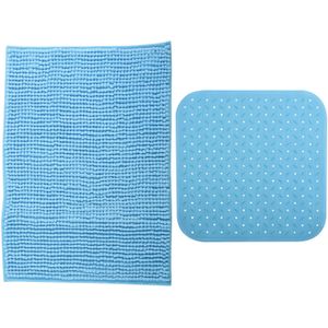 MSV Douche anti-slip mat en droogloop mat - Sevilla badkamer set - rubber/microvezel - lichtblauw - Badmatjes
