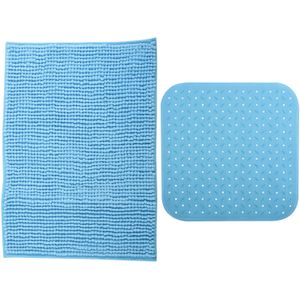 MSV Douche anti-slip mat en droogloop mat - Sevilla badkamer set - rubber/microvezel - lichtblauw