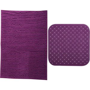MSV Douche anti-slip mat en droogloop mat - Sevilla badkamer set - rubber/microvezel - paars - Badmatjes