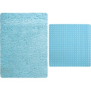 MSV Douche anti-slip mat en droogloop mat - Venice badkamer set - rubber/microvezel - lichtblauw
