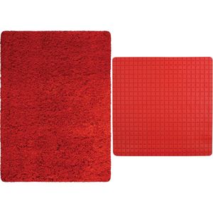 MSV Douche anti-slip mat en droogloop mat - Venice badkamer set - rubber/microvezel - rood - Badmatjes