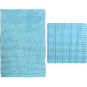 MSV Douche anti-slip mat en droogloop mat - Napoli badkamer set - rubber/polyester - lichtblauw - Badmatjes