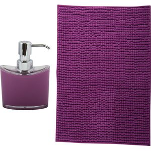 MSV badkamer droogloop mat - Bolzano - 40 x 60 cm - met bijpassende kleur zeeppompje - paars