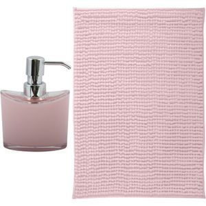 MSV badkamer droogloop mat - Bolzano - 40 x 60 cm - met bijpassende kleur zeeppompje - lichtroze