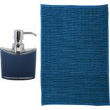 MSV badkamer droogloop mat - Bolzano - 40 x 60 cm - met bijpassende kleur zeeppompje - donkerblauw