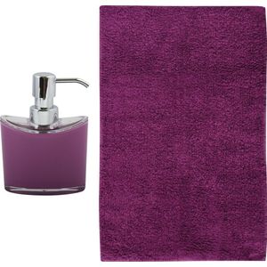 MSV badkamer droogloop mat/tapijt - Bologna - 45 x 70 cm - bijpassende kleur zeeppompje - paars - Badmatjes