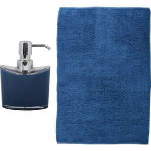MSV badkamer droogloop mat - Bologna - 45 x 70 cm - bijpassende kleur zeeppompje - donkerblauw - Badmatjes