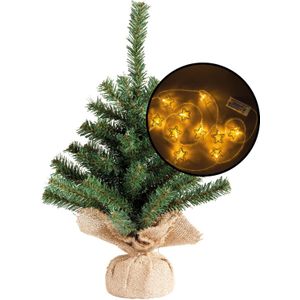 Kleine kunst kerstboom - groen - incl. 3D sterren lichtsnoer metallic goud - H45 cm