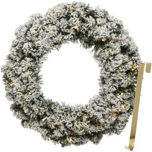 MeisterHome ® Kunstkerstkrans adventskrans voor deur 50 cm - kerstdeurkrans voor binnen en buiten met 35 leds, timer en gouden decoratie goudkleurige hanger