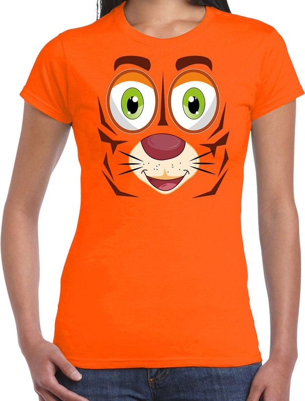 Bellatio Decorations dieren verkleed t-shirt dames - tijger gezicht - carnavalskleding - oranje