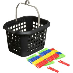 Wasknijpers ophang mandje/bakje - zwart - met 48x plastic knijpers