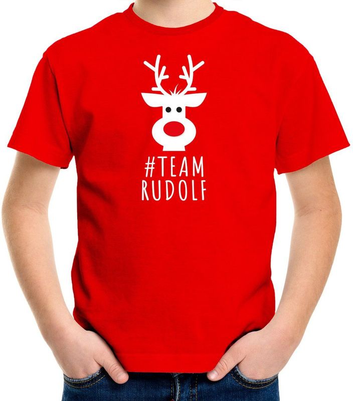 Bellatio Decorations kerst t-shirt voor kinderen - team Rudolf - rood - Kerstdiner 104 110
