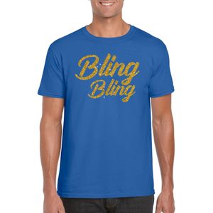 Bellatio Decorations Glitter glamour feest t-shirt heren - bling bling goud - blauw L