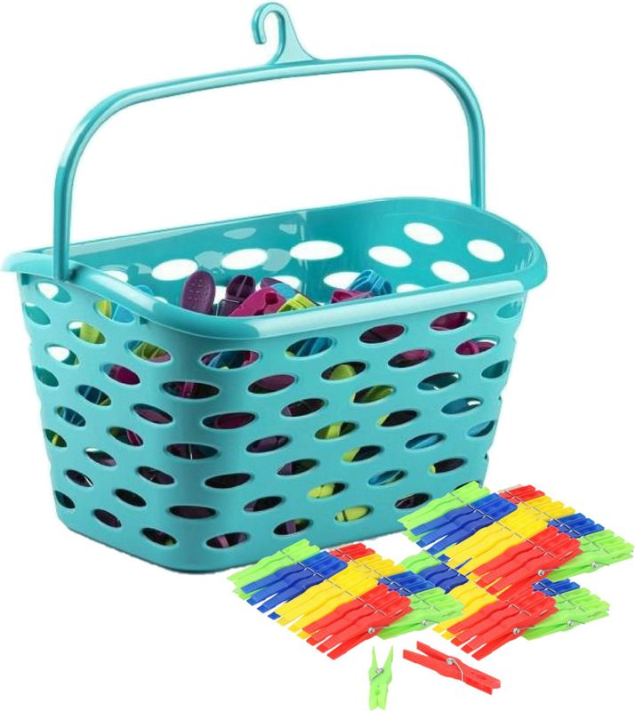 Plasticforte Wasknijpers ophang mandje/bakje - blauw - met 72x plastic knijpers