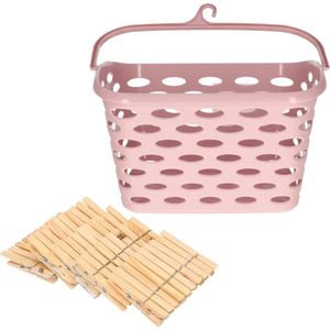 Wasknijpersmandje met haak - roze - en 100x houten wasknijpers 7 cm