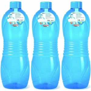 Plasticforte Drinkfles/waterfles/bidon - 3x - 1500 ml - transparant/blauw - kunststof